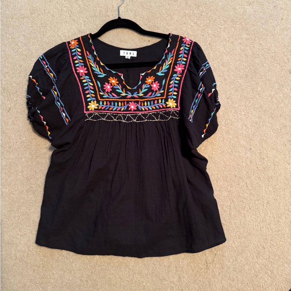 THML Black and Red Embellished Ruffled Blouse